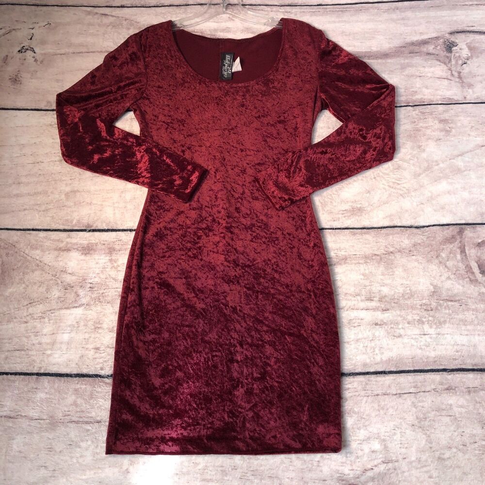 All That Jazz Dress S Red Burgundy Wine Crushed Crinkle Velvet Bodycon Mini Vtg